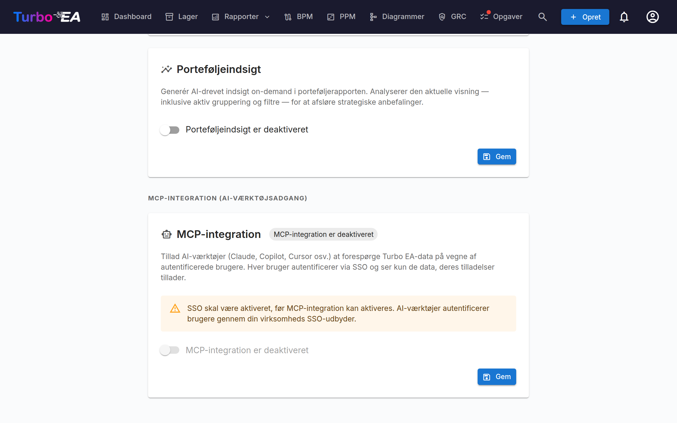 Afsnittet MCP-integration på fanen AI