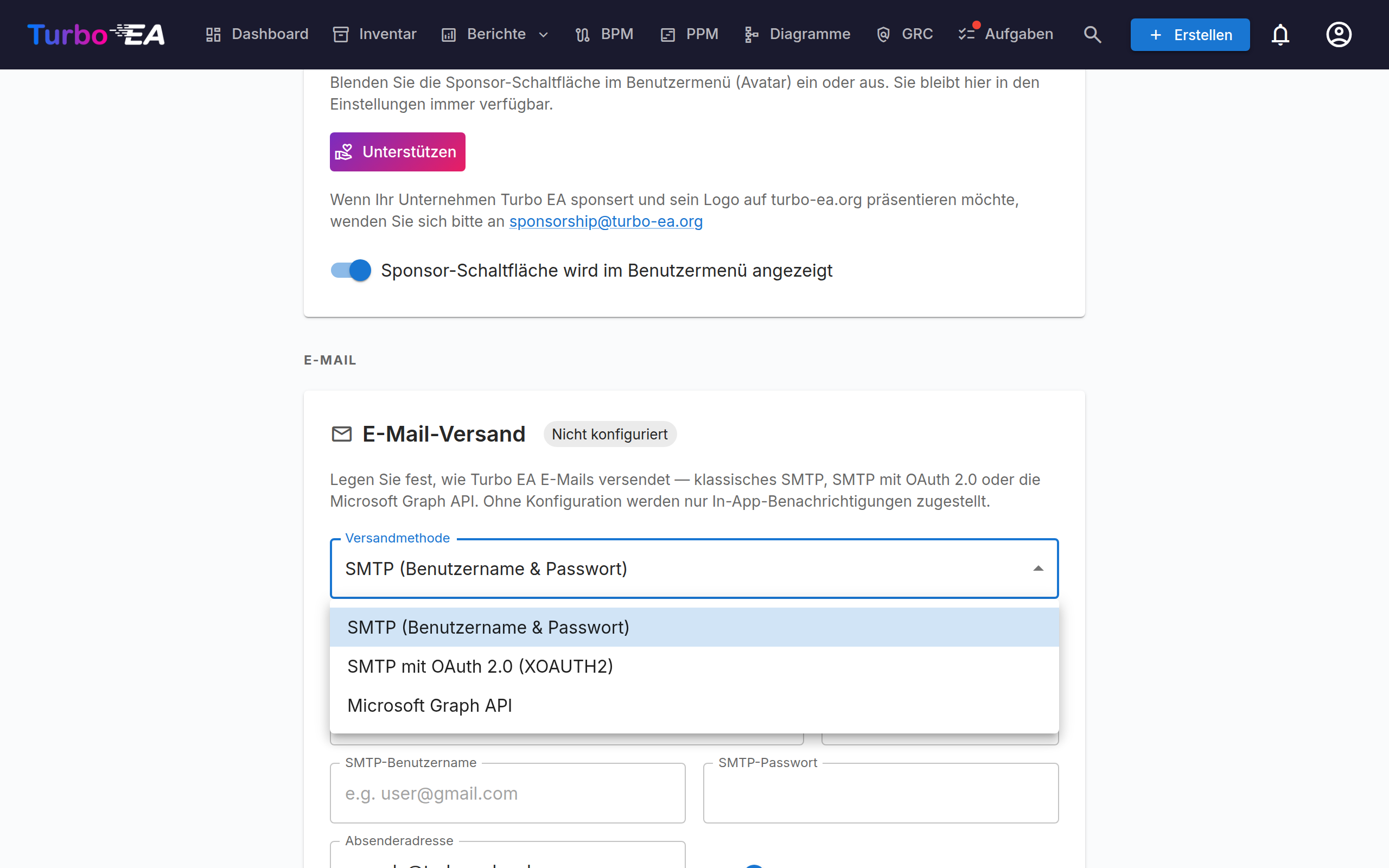 E-Mail-Versand mit der Auswahl der Versandmethode