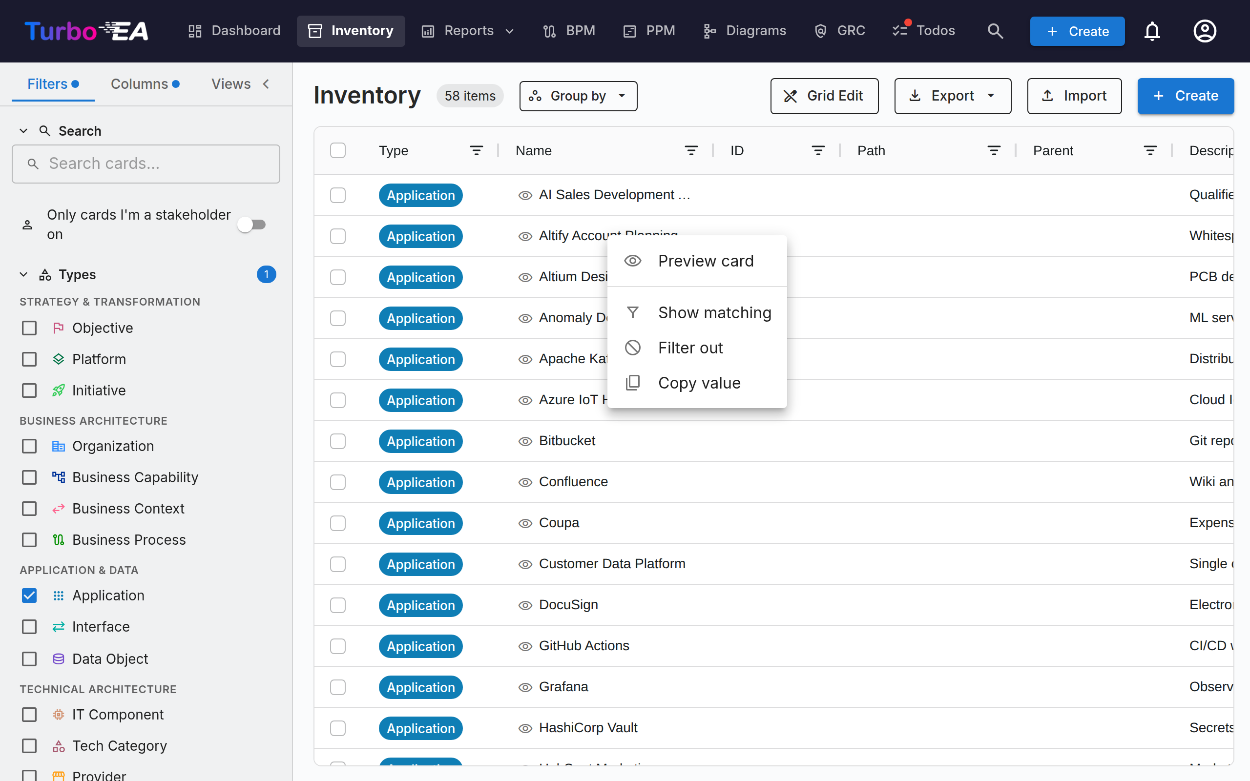 Inventory cell context menu