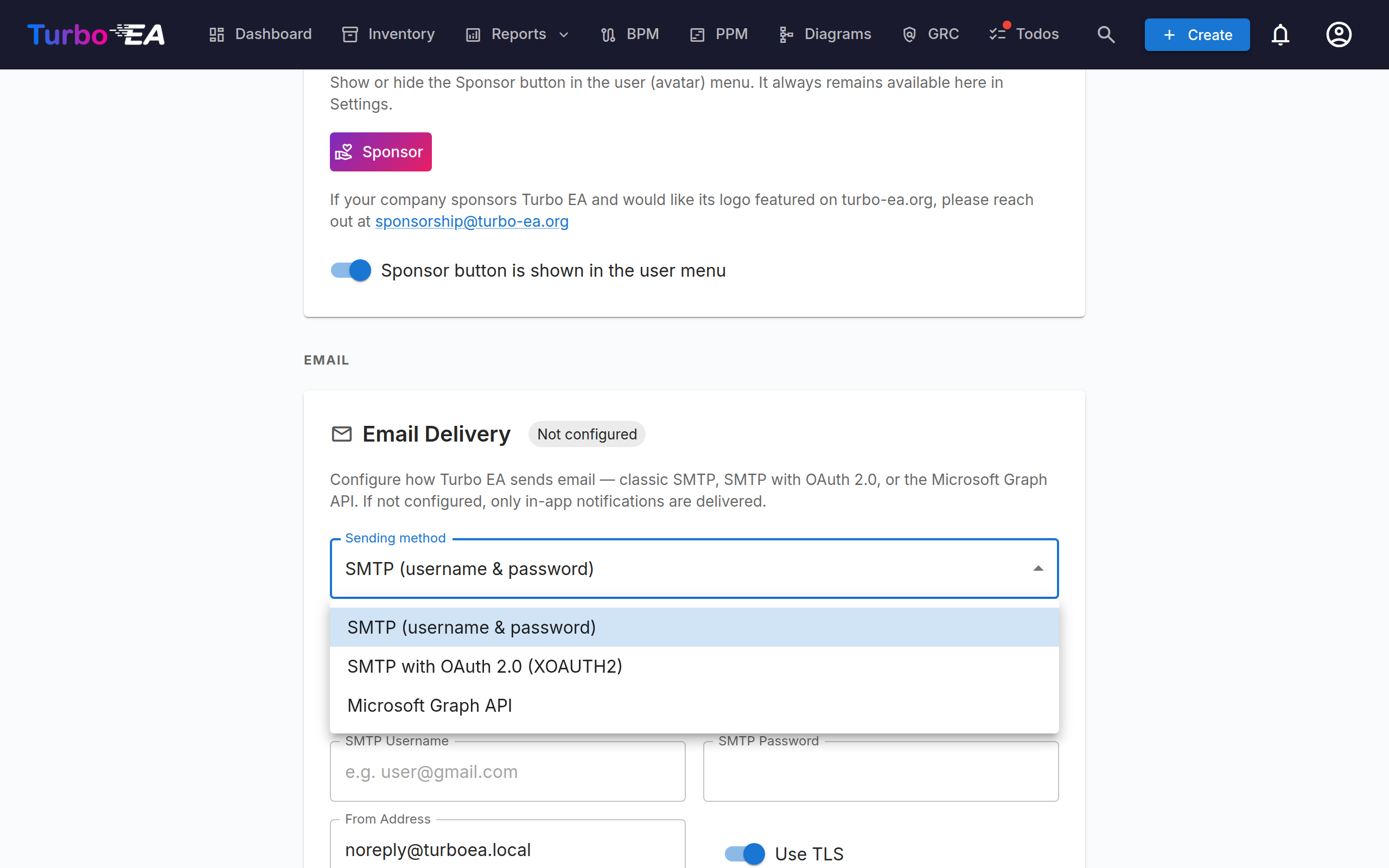 Email delivery settings with the sending-method list