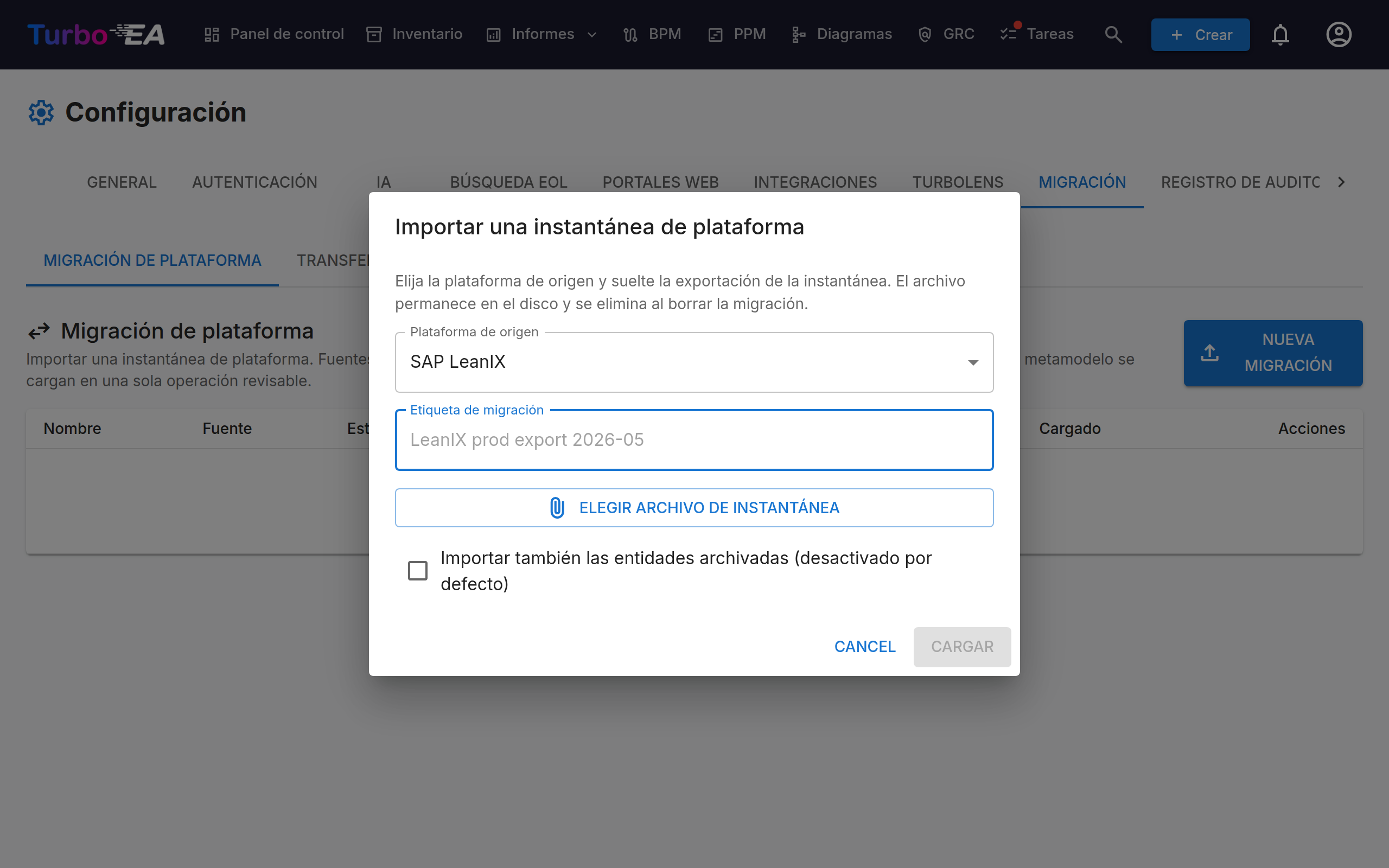 Iniciar una migración de LeanIX en Configuración → Migración