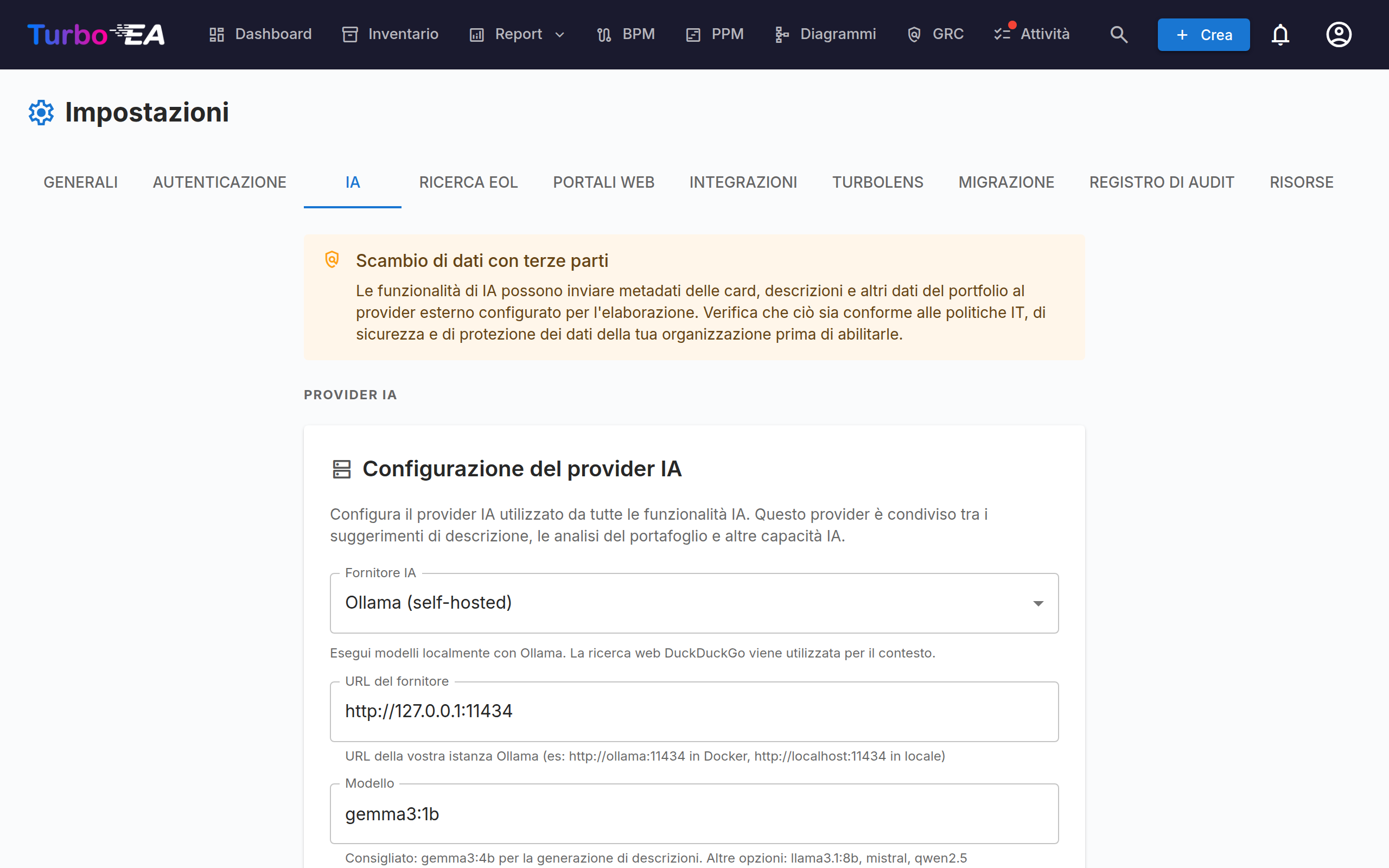 Impostazioni suggerimenti AI