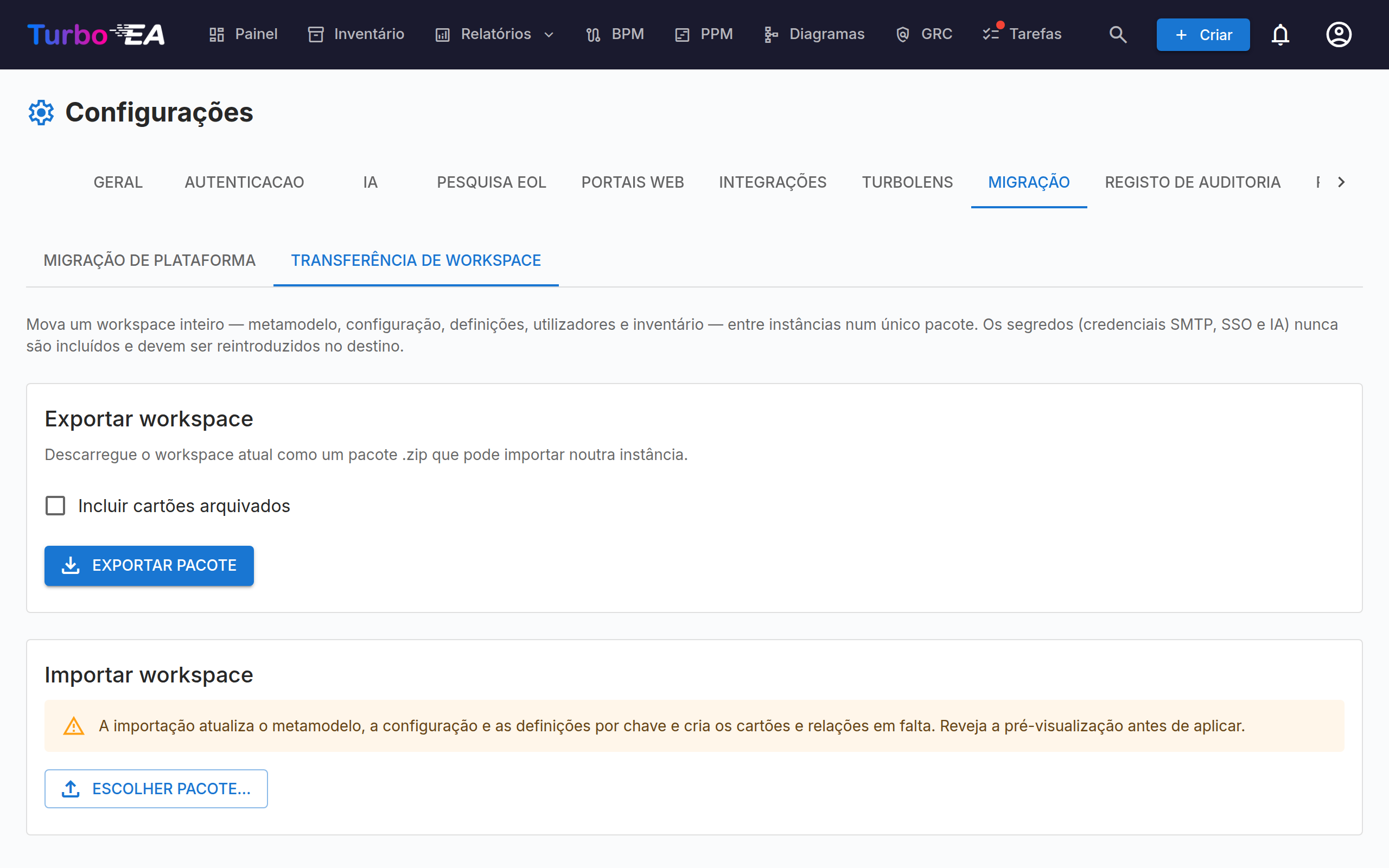 Transferência de workspace
